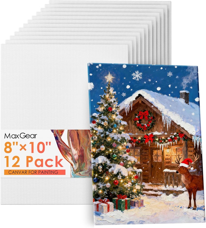 MaxGear Canvas for Painting, 12 Pack 8x10 Painting Canvas Boards, Art Supplies for Adults, Kids for Christmas Decoration - 100% Cotton Primed Canvases for Painting Acrylic, Oil, Watercolor, Tempera - Image 1